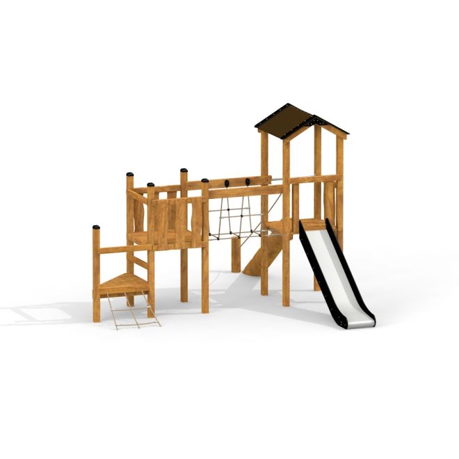 Triangle Modern Nature wooden playhouse with slide բնական փայտե խաղահրապարակի շլողակարգով: