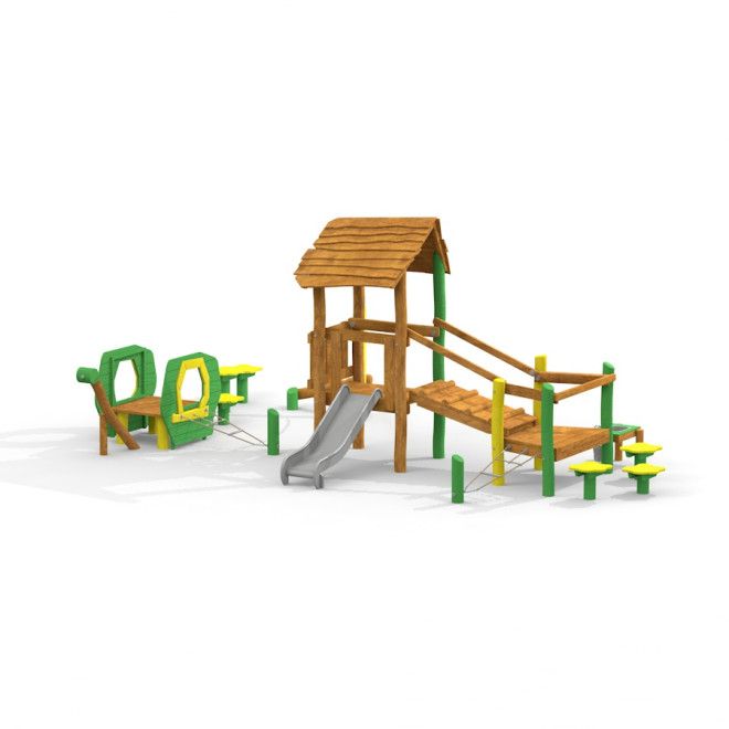 Alice’s house playhouse with slide խաղահրապարակ փայտյա տիպի սայթաքելներով և նստատեղերով: