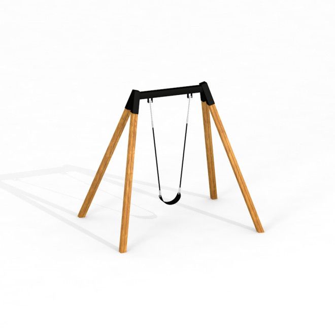 Flexi Seat Single Swing խաղային տեղամասի ճոճանակ փայտյա շրջանակով և սեւ նստարանով։