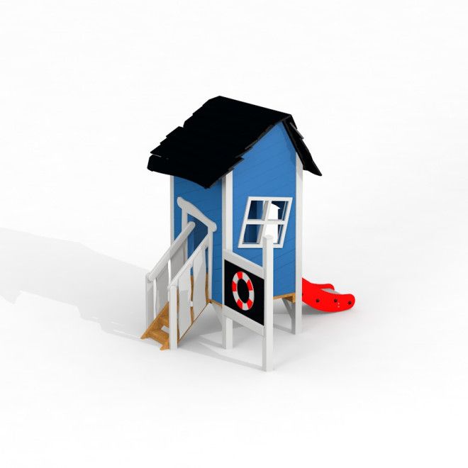 Լենա's playhouse with a slide երեխաների համար՝ կապույտ դահուկով և կարմիր սահնակով: