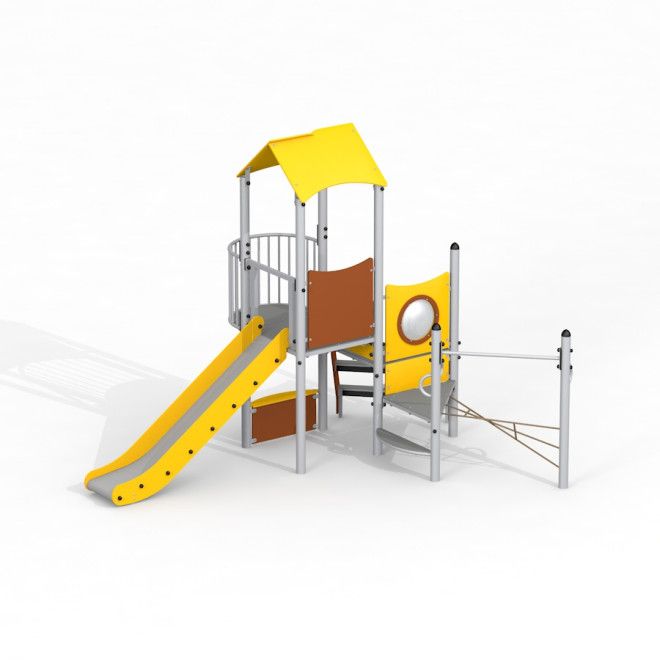 Observatory with a slide մանկական խաղահրապարակային սարք՝ դեղին սահնակով և մետաղական կոնստրուկցիայով: