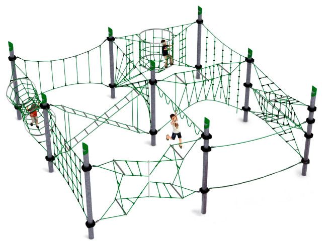 Chinook խաղահրապարակային սարք՝ կանաչ մետաղական ցանցերով և սյուներով, երեխաներով խաղալու համար: