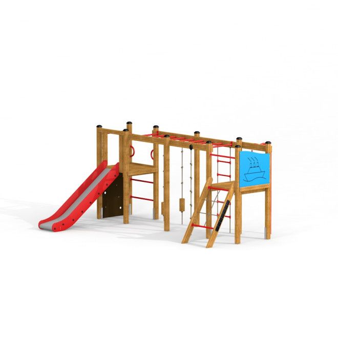 Zebra single slide wooden playhouse՝ մանկական խաղահրապարակ փայտից, սահնակով և ճոպաններով: