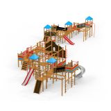 Gigantic castle with slide, wooden playhouse